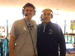 Chris Wenzler (right) broadcasting conference swimming championships with former student Noah Tylutki.